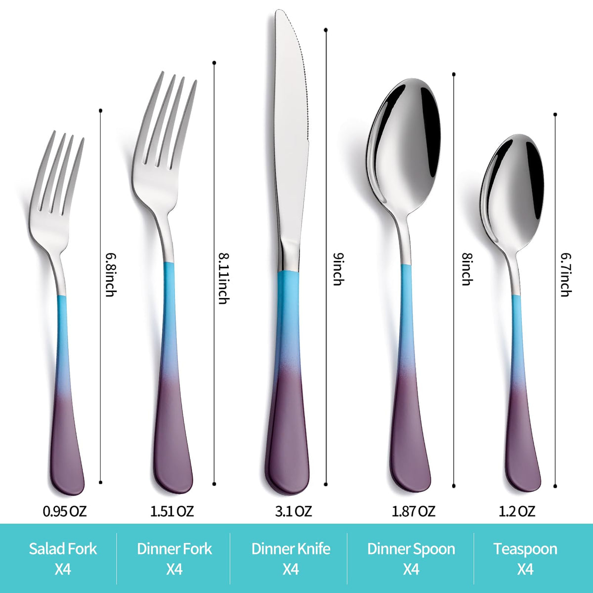 20-Piece Blue and Purple Silverware Set for 4, 18/0 Stainless Steel Flatware Cutlery Utensils Set, Includes Dinner