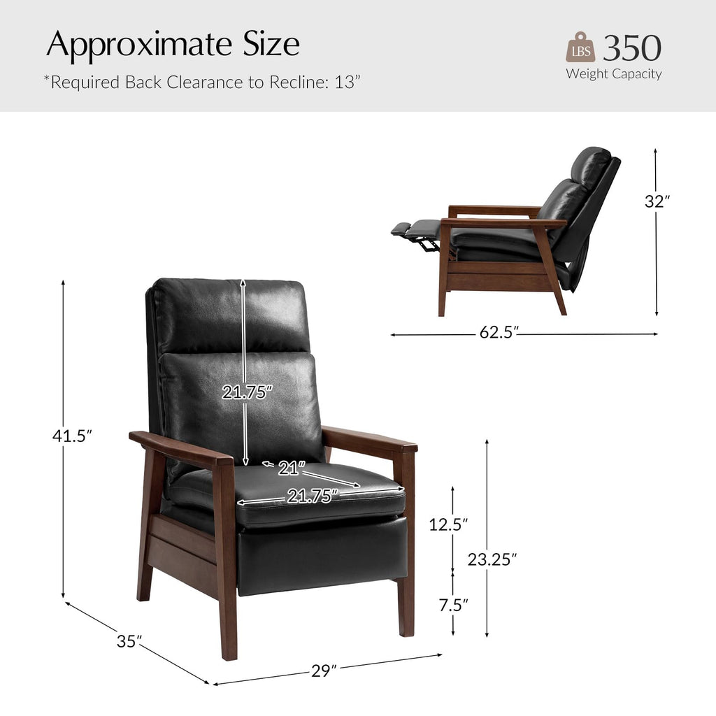 Genuine Leather Recliner with Rubber Wood Arms, Black