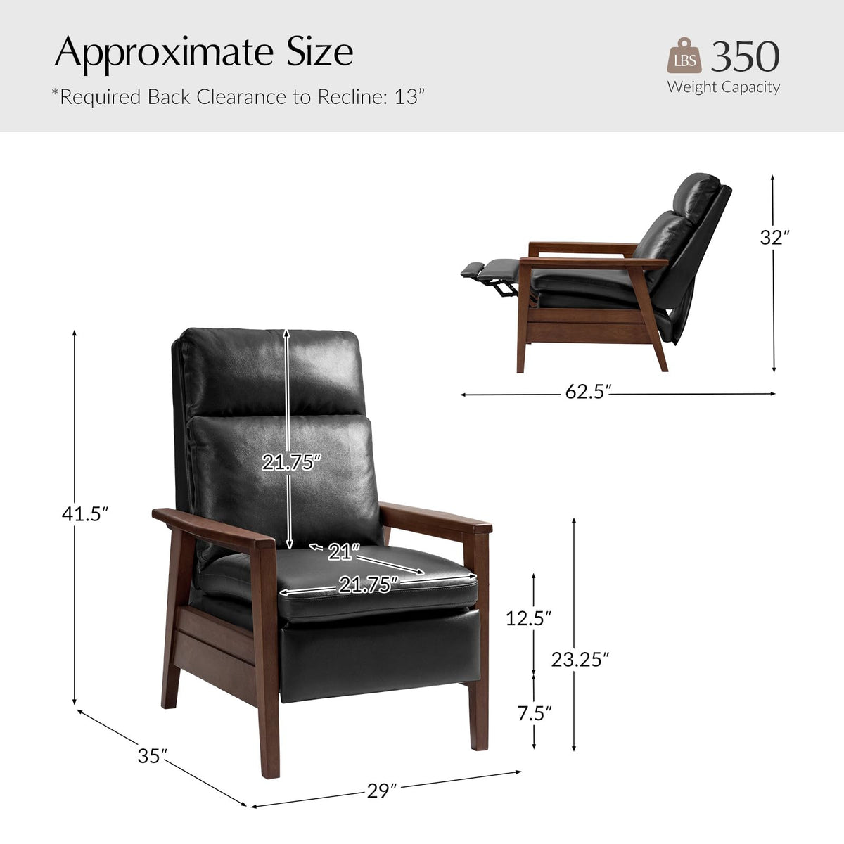 Genuine Leather Recliner with Rubber Wood Arms, Black