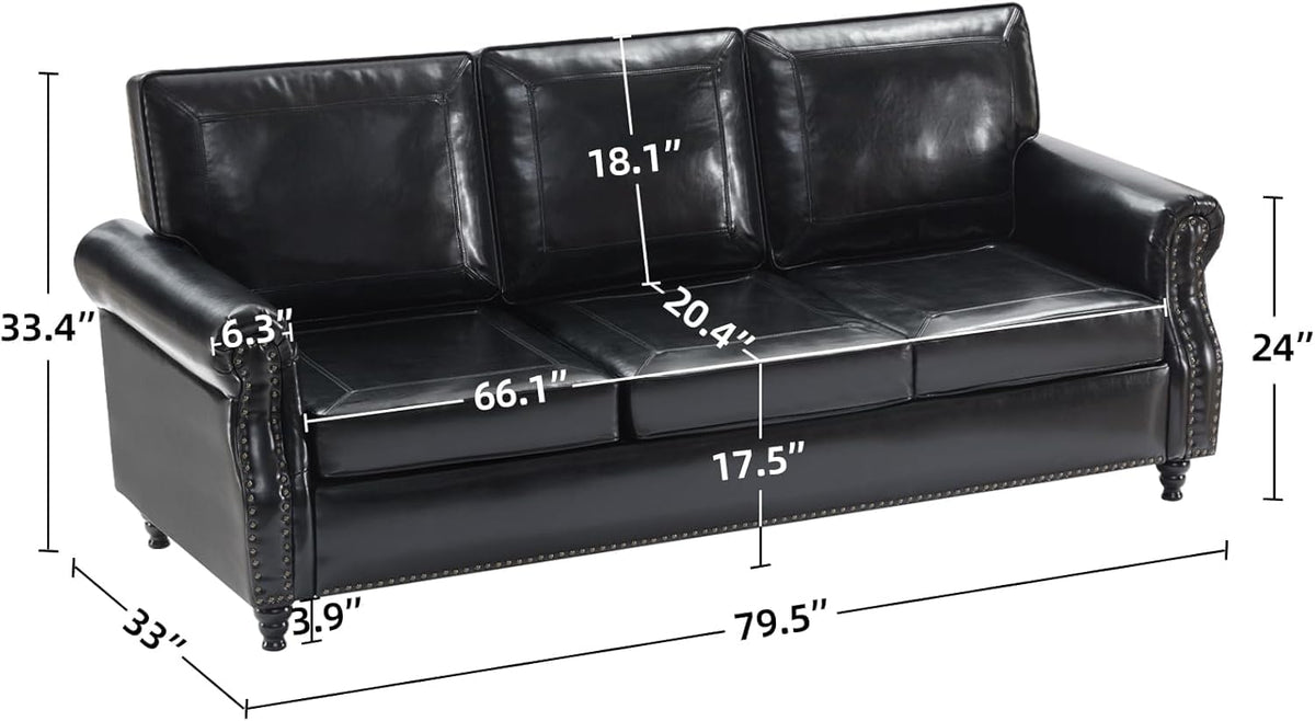 79'' Faux Leather Sofas, Mid Century Modern Couches with Rolled Arm & Nailhead Trim for Small Space, Apartment, Black
