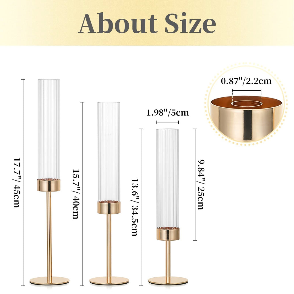 Gold Taper Candle Holders: Candlestick Holders Set of 3 Hurricane Glass Tall Candle Holder for Candlesticks Candle