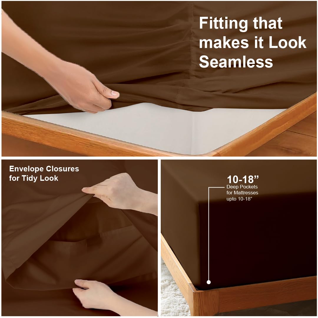 4 Pc Cotton Sheet Set Chocolate Solid 10-18" Deep Pocket