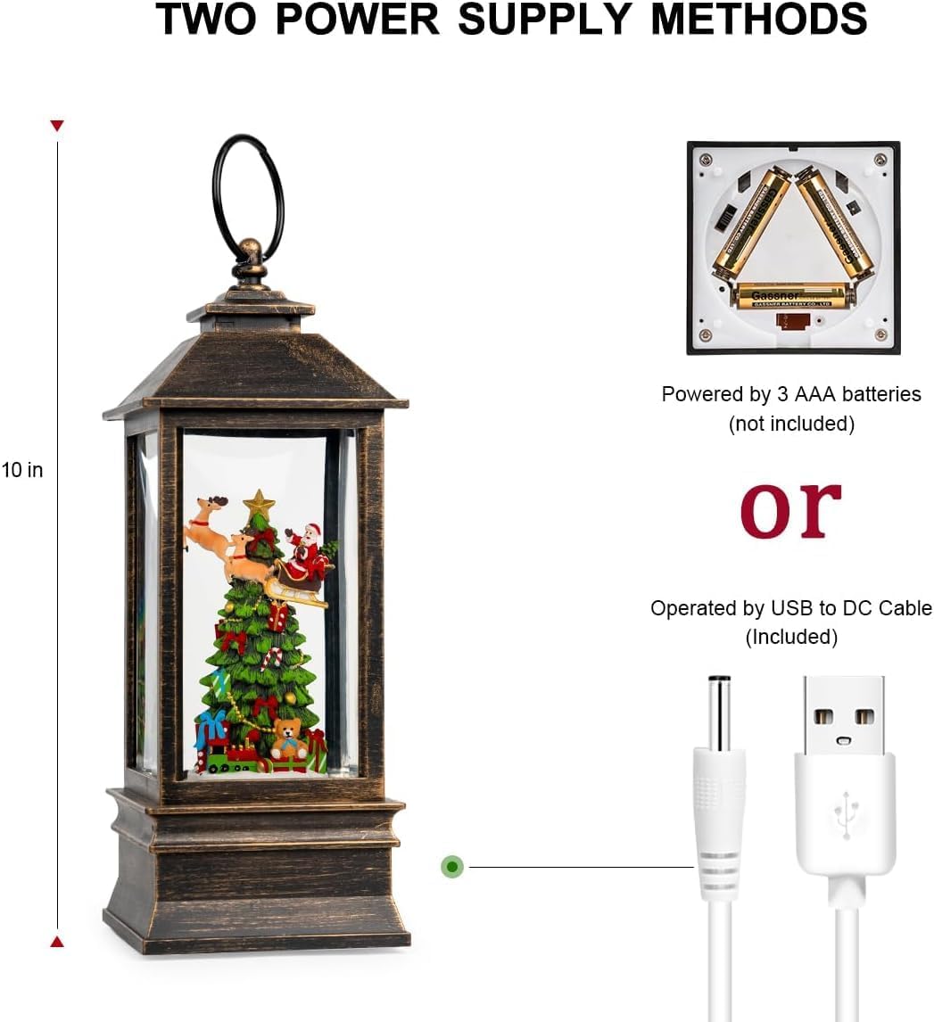 10.4" Christmas Snow Globe Flying Santa Around The Tree Water Lantern, Battery Operated or USB Powered Musical