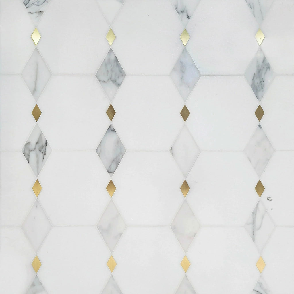 Calacatta Thassos Waterjet Mosaic, Marble with Brass, Polished, Wall Floor Tile