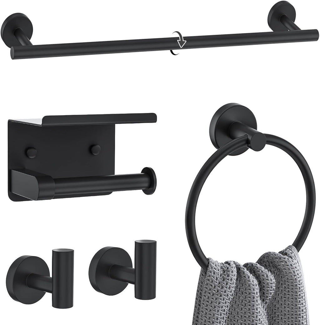 Matte Black Towel Bar Set 5 Pieces Bathroom Hardware Accessories Set Round Towel Holder Set Upgraded Toilet Paper