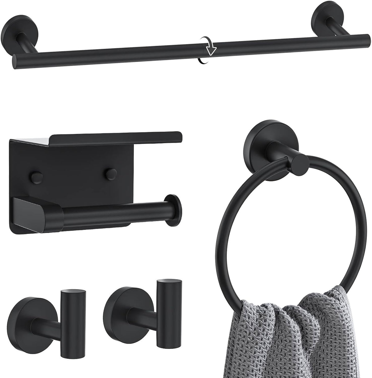 Matte Black Towel Bar Set 5 Pieces Bathroom Hardware Accessories Set Round Towel Holder Set Upgraded Toilet Paper