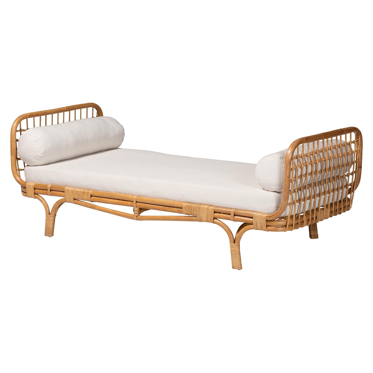 Aiko Handwoven Natural Rattan Daybed with Cushion - Boho Coastal Lounge Bed, or Sunroom