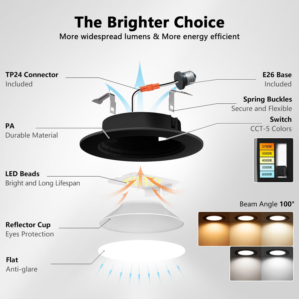 4 Inch Recessed Lights, 5CCT LED Can Lights, Dimmable, 6 Pack,Black