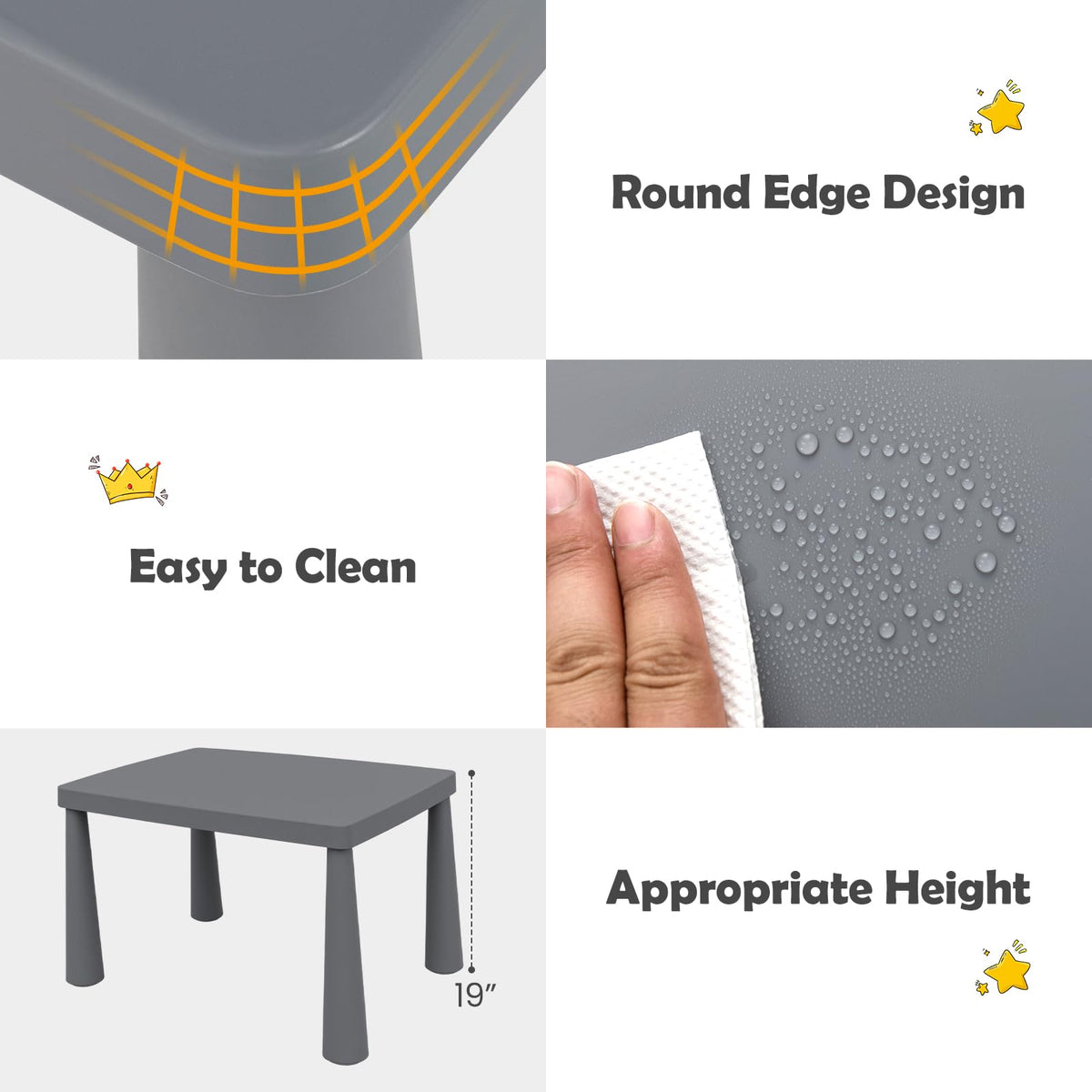 Kids Table and Chairs, 3 PCS Plastic Toddler Table Set (Gray)