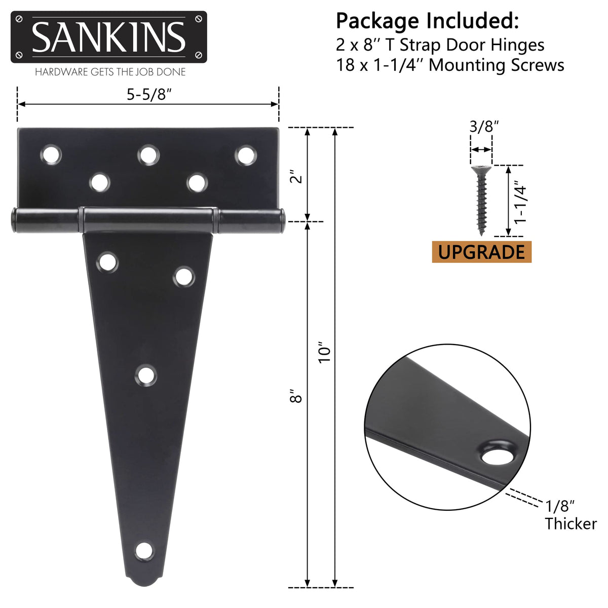 8 Inch T-Strap Shed Door Hinges Heavy Duty, Black Tee Hinge for Wooden Fences, Yard Door, Barn Door Gates, Wrought