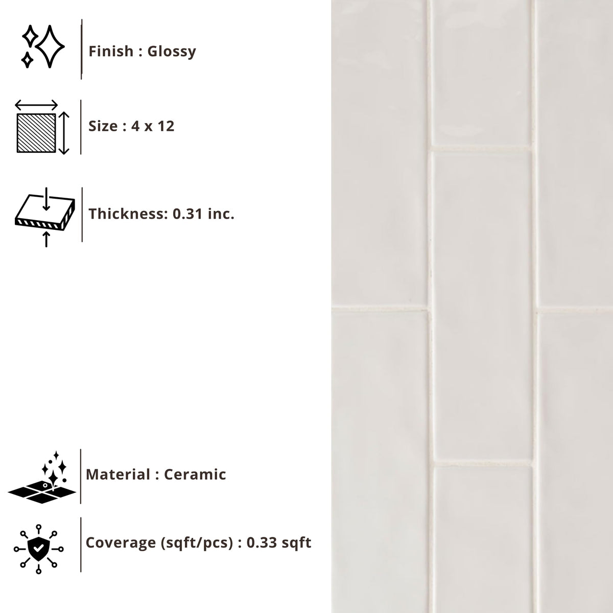 White Glossy Ceramic 4x12 Subway Wall Tile, 1 Piece