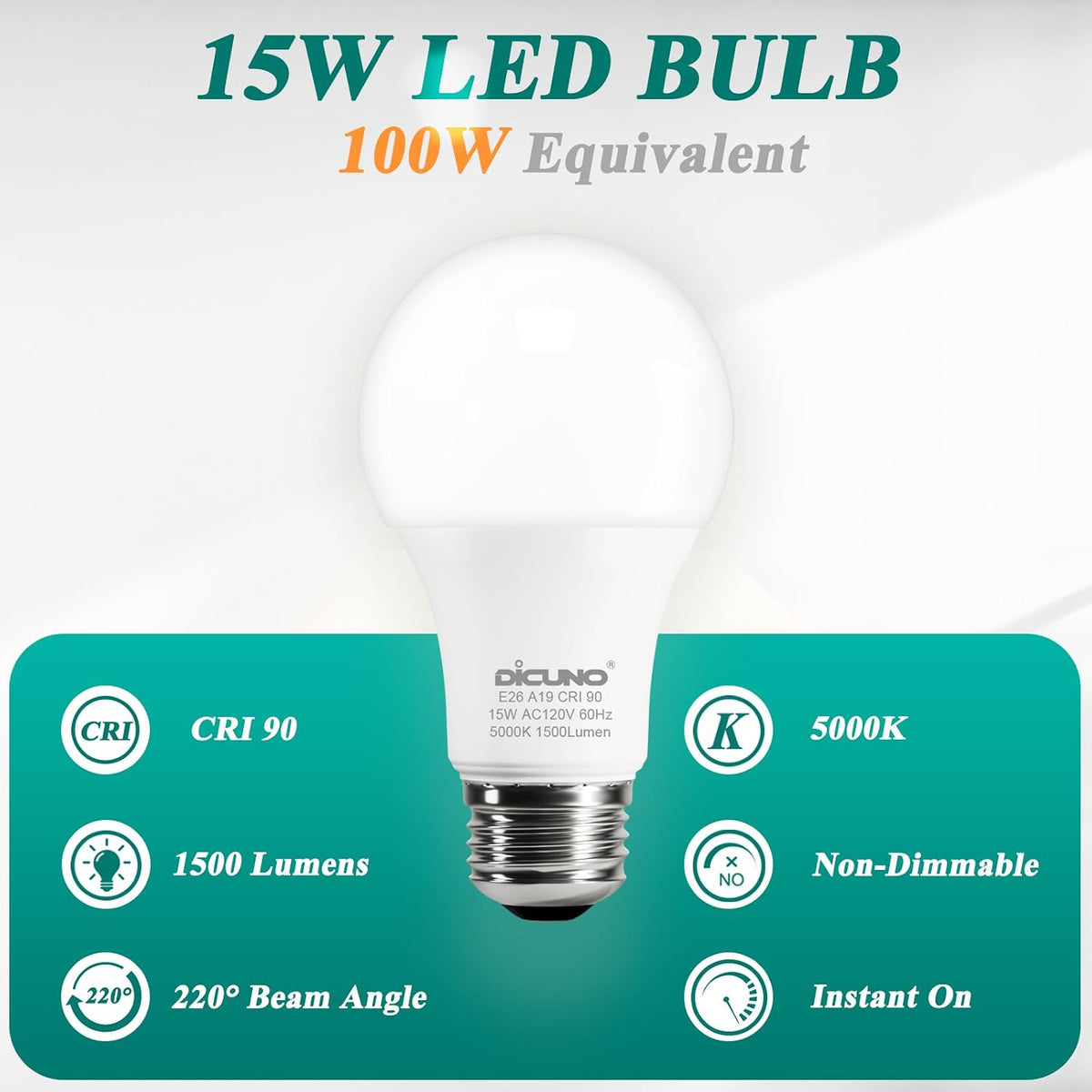 A19 LED Bulb 100W Equivalent, 1500 LM, Daylight White 5000K, 6-Pack