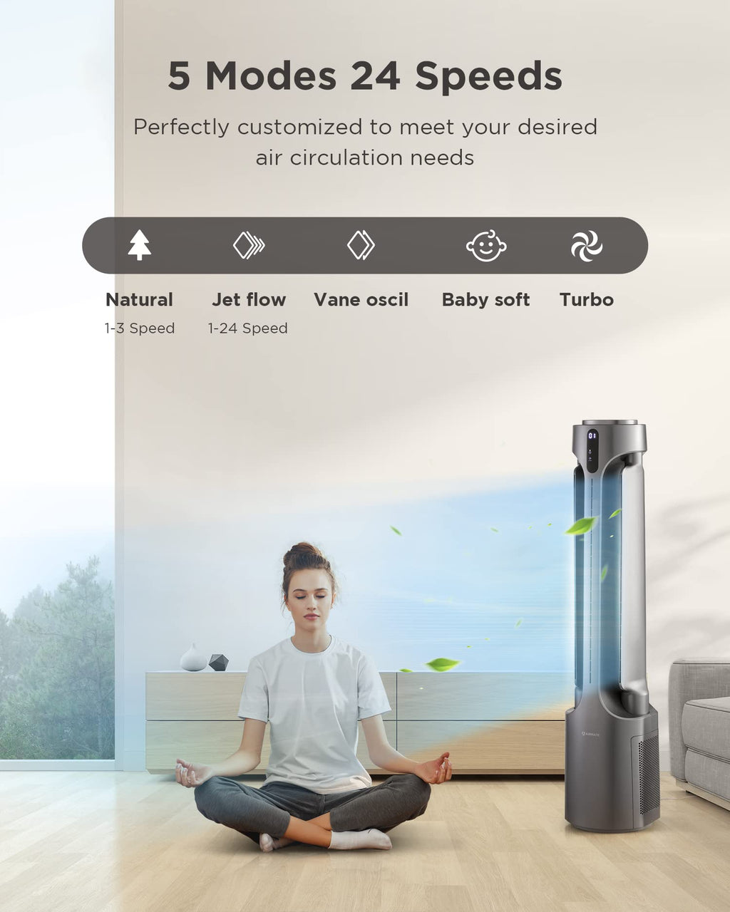 Air Purifier Bladeless Tower Fans, 1500CFM Large Air Volume, 45" 2-in-1 Standing Fan , 28ft/s Velocity, 90°