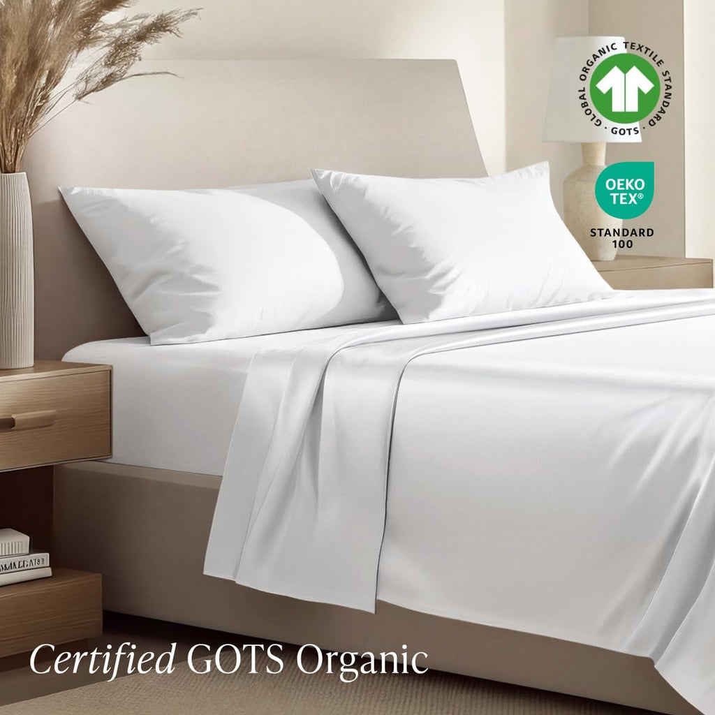 100% Organic Cotton Sateen Sheet Set (, White)