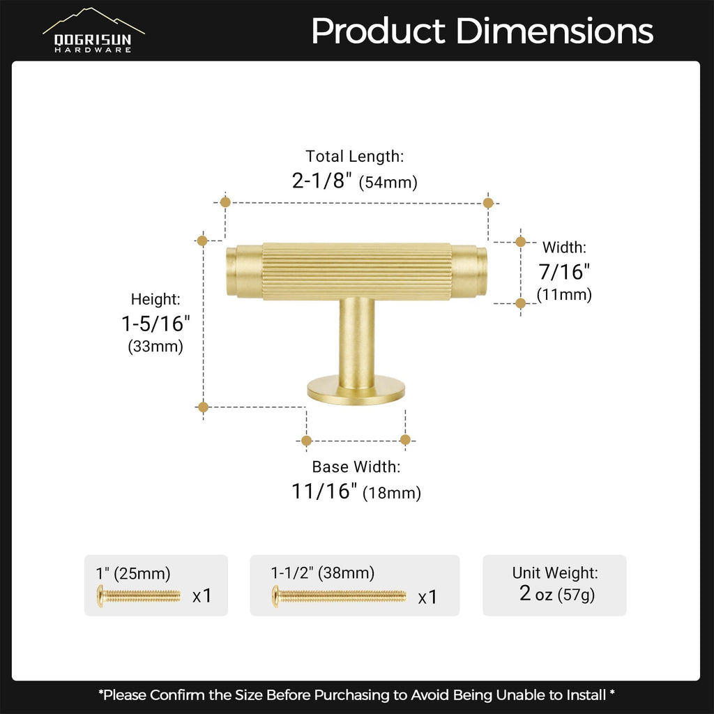 Solid Brass Cabinet Knobs, Single Hole T Bar Handles