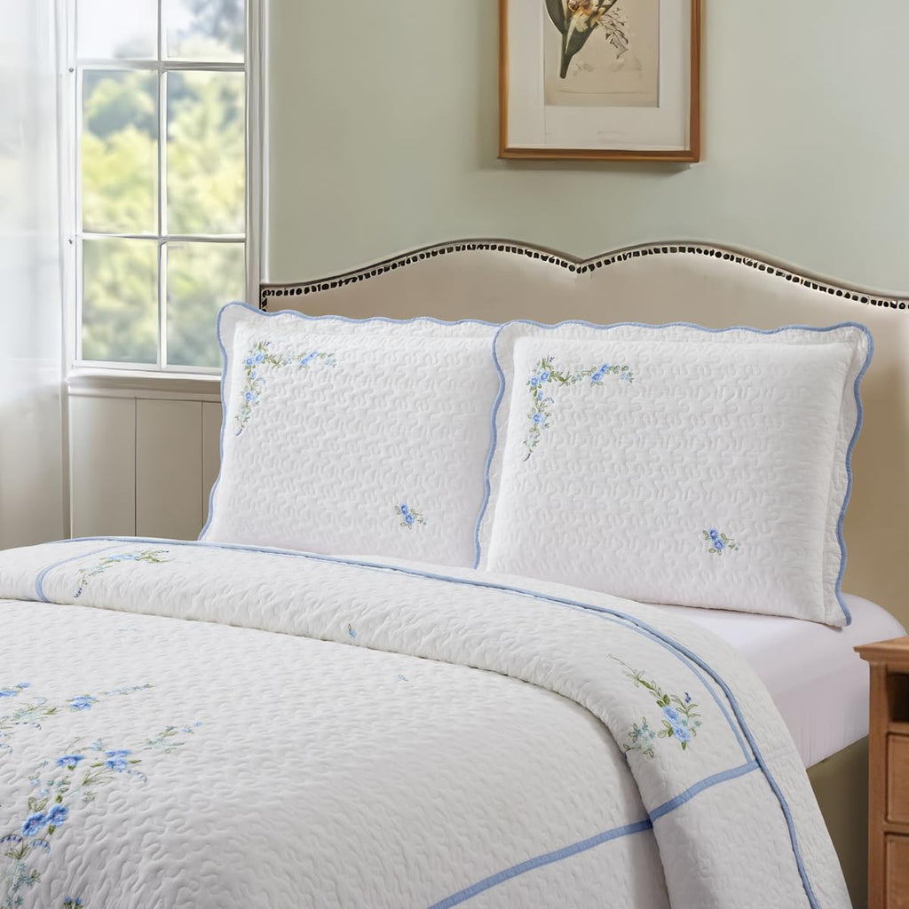 100% Cotton Quilt Set - 3-Piece Lightweight Bedspread Coverlet with Embroidery