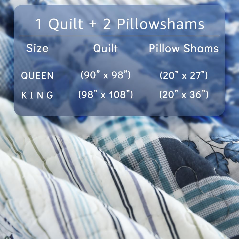 Cotton Patchwork Quilt Sets, Lightweight Reversible Coverlet Bedding Sets with 2 Pillow Shams, Blue White