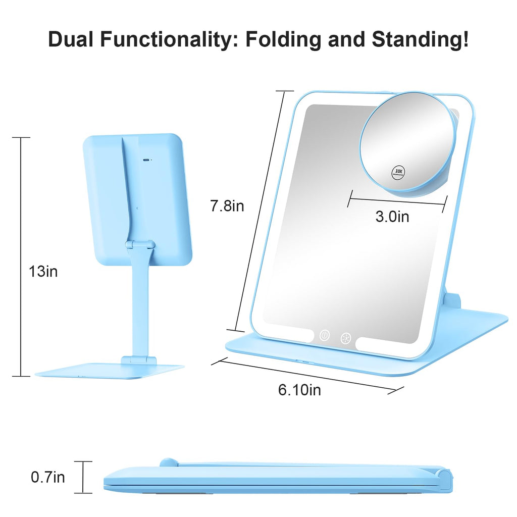 Travel Makeup Mirror with 3 Lights and Magnification 10X