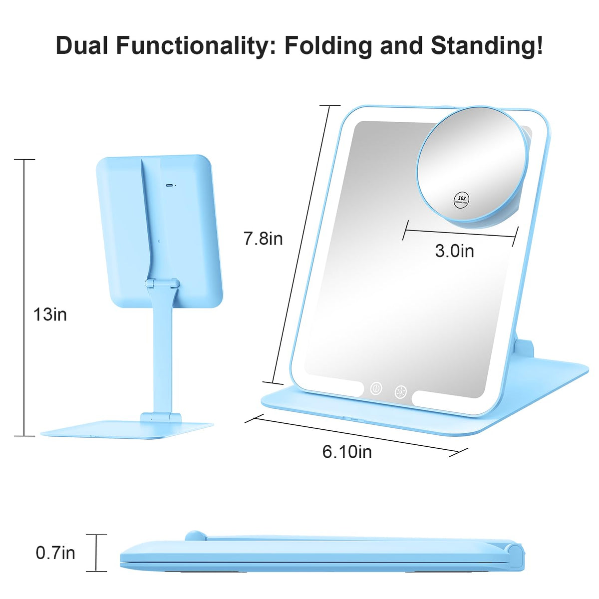 Travel Makeup Mirror with 3 Lights and Magnification 10X