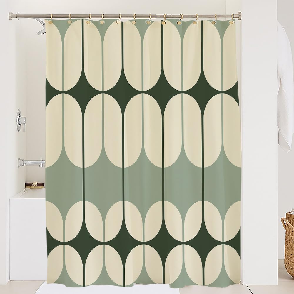 Boho Sage Green Shower Curtain Sets, Abstract Retro Geometric Shower Curtain, Morden Boho Bathroom Decor Bath
