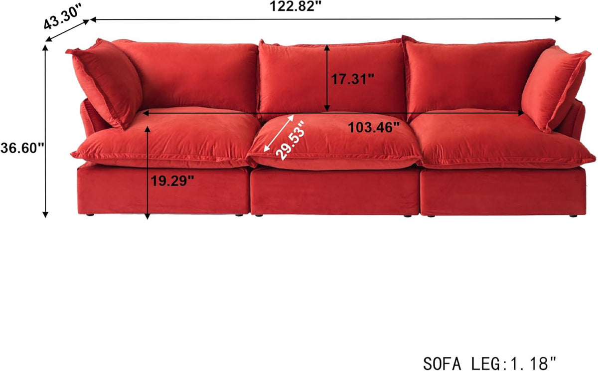 122.82" Cloud Sectional Couch for Living Room, Modular 3 Seats Sofas, Convertible Sectional Couches, Cushion Covers Removable, Two Corners and One Middle Sofa for Living Room (Red)