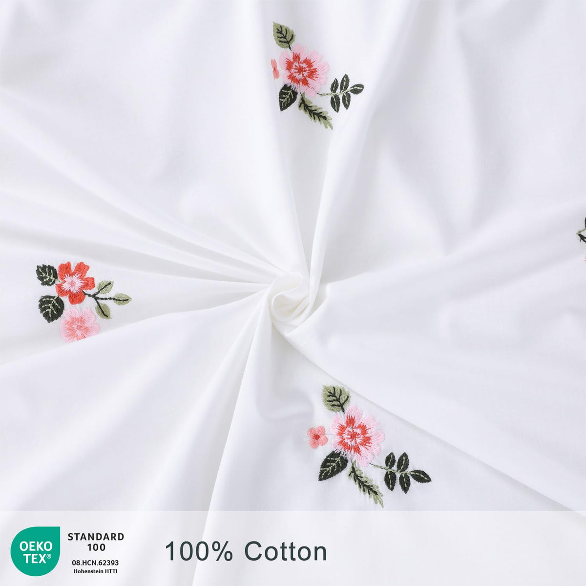 Pink Floral Duvet Cover Set Embroidered White Cotton Bedding Set
