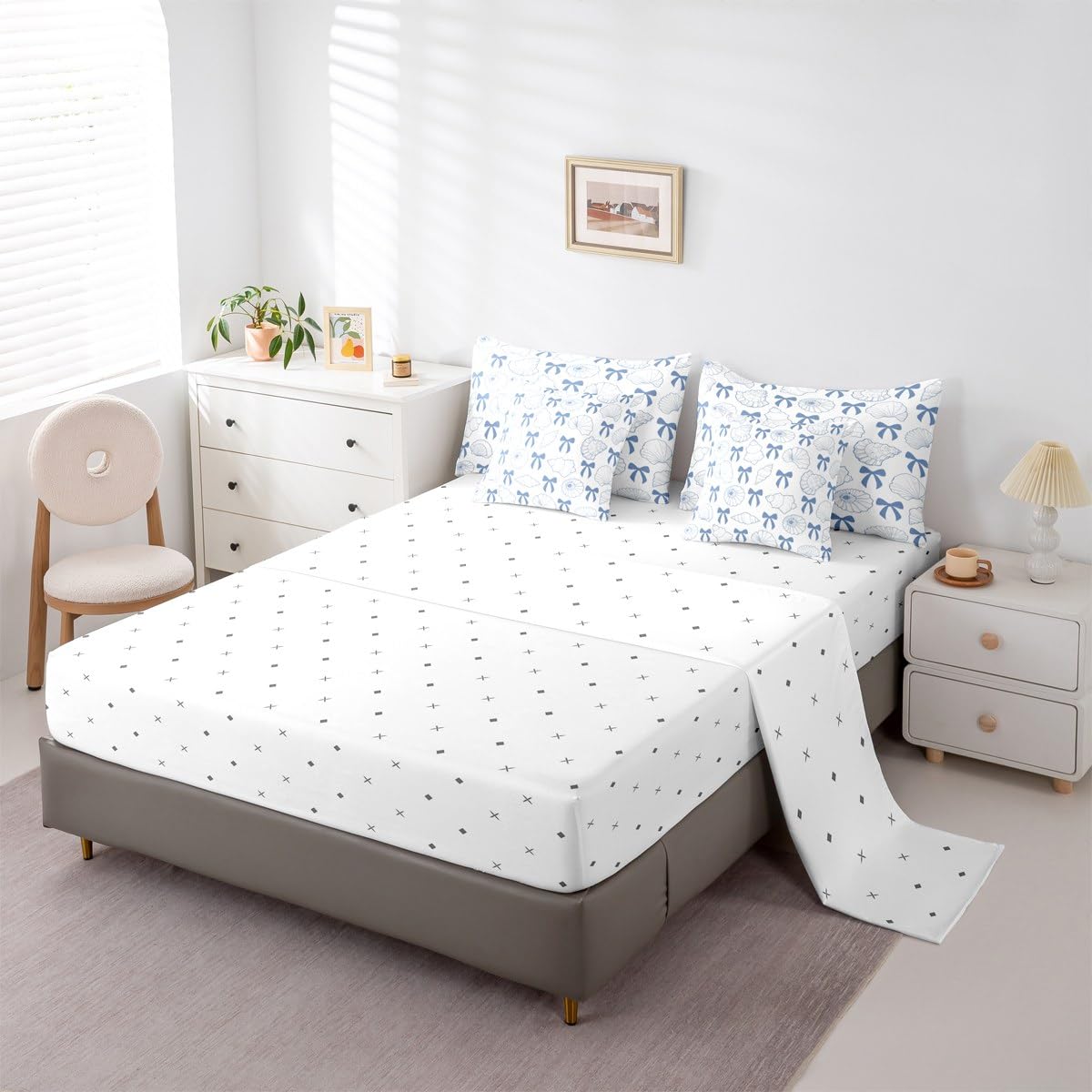 7 Pieces Blue Bowknot Comforter Set with Sheets