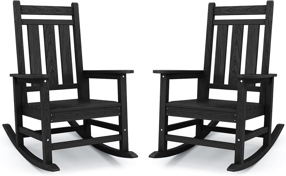 Oversized Outdoor Rocking Chair Set of 2, HDPE Patio Rockers, Black | | All-Weather Patio Rocking Chairs for Porch |