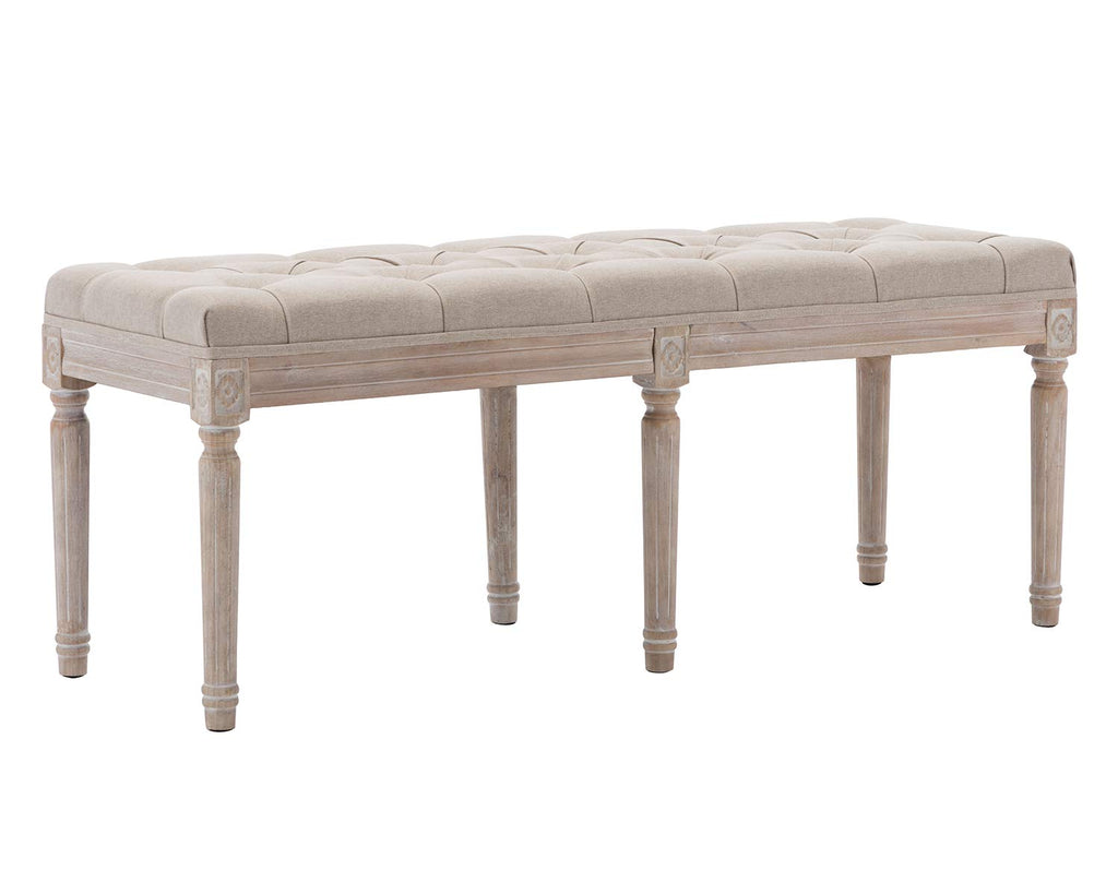45.3" Upholstered Dining Room Bench, Rustic Living Room Ottoman Bench with Carved Pattern & Rustic White Brushed