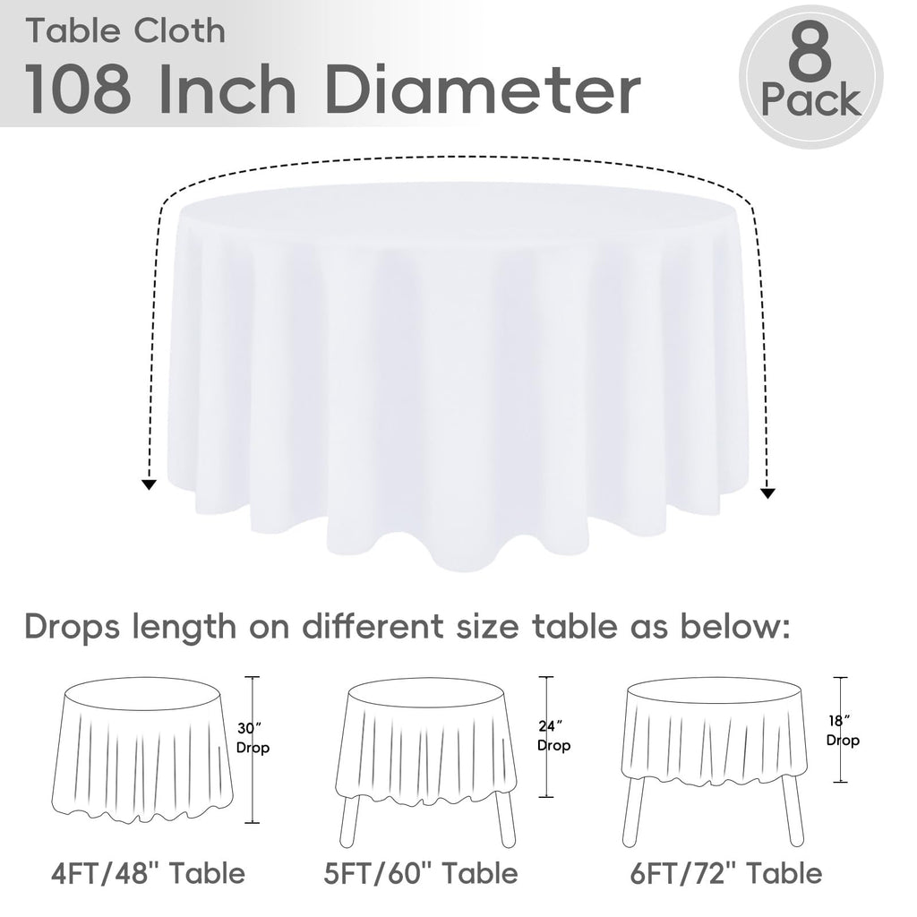 8 Pack White Round Tablecloth 108 Inch for 36"-84" Table