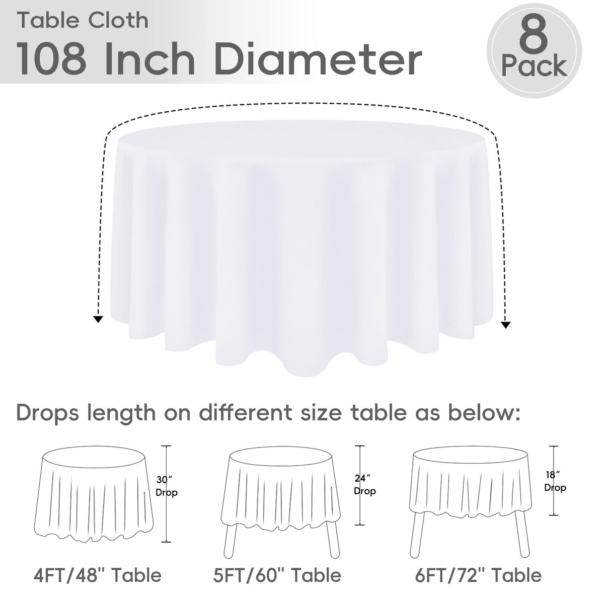 8 Pack White Round Tablecloth 108 Inch for 36"-84" Table
