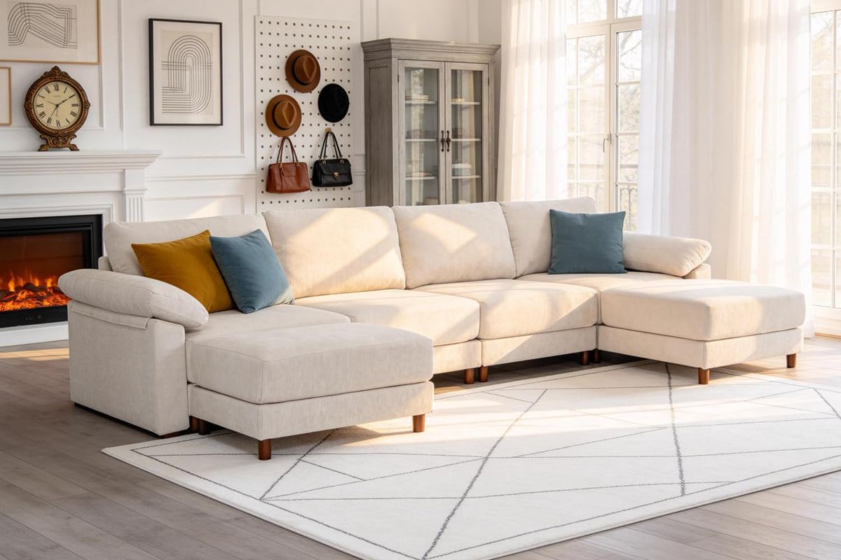 145'' Oversized L Shape Modular Cloud Sectional Sofa, Deep Seat Sofa, Beige