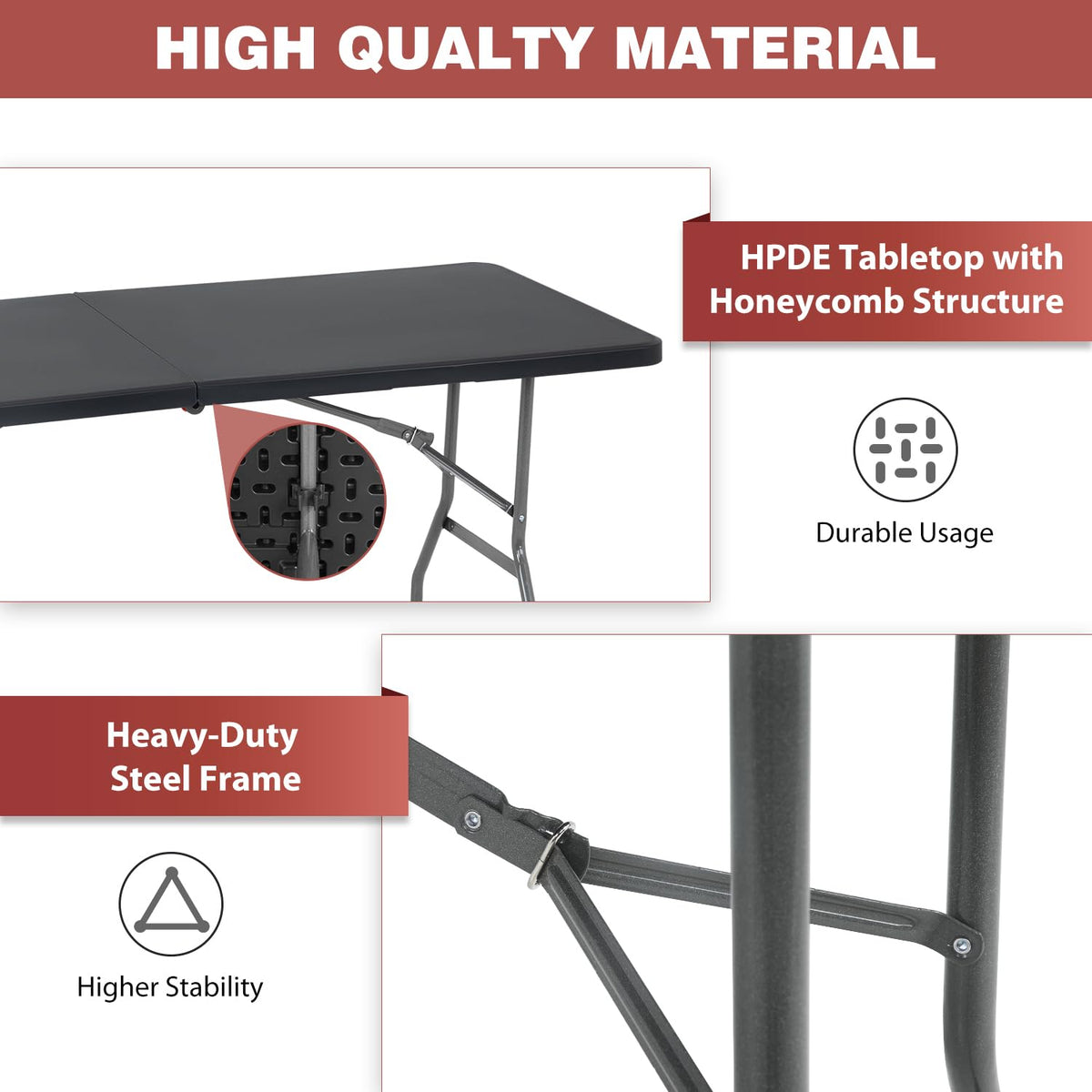 6FT Folding Table | Black | Portable Plastic Table