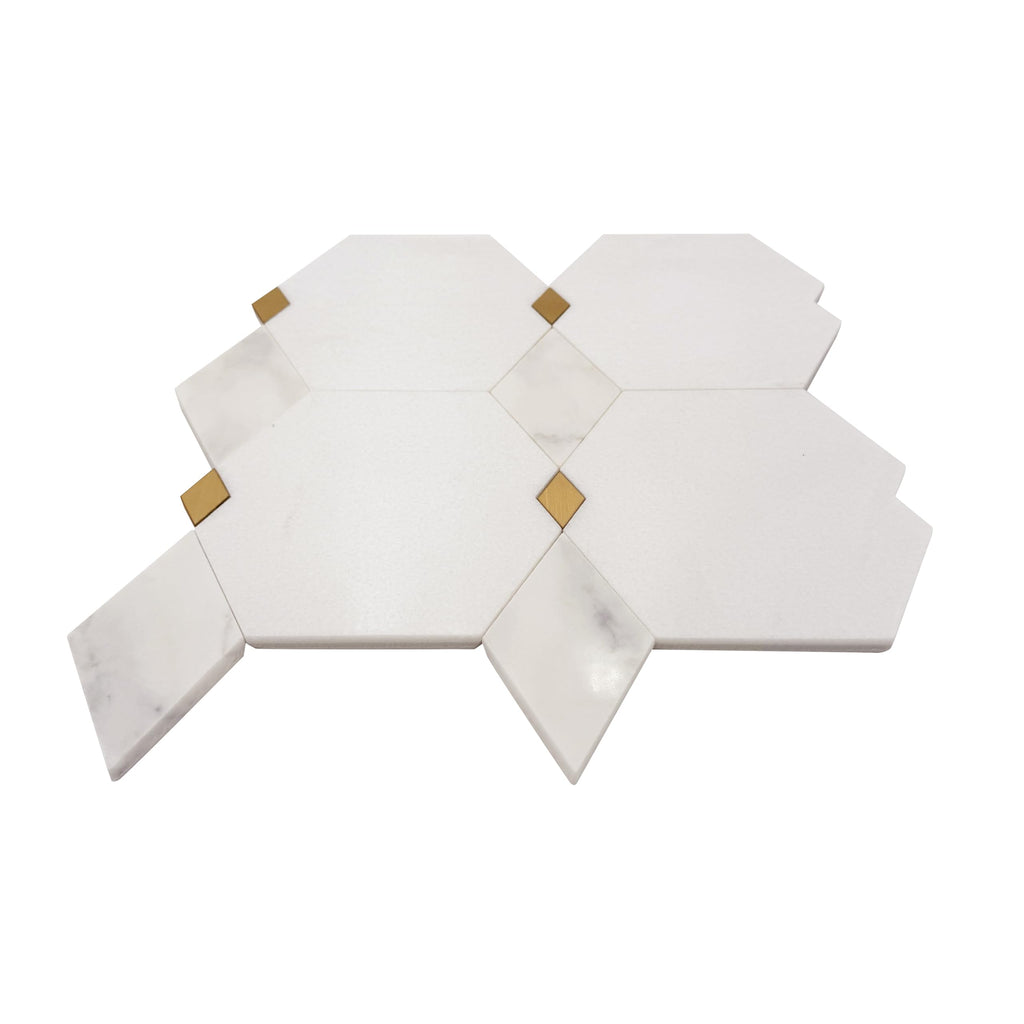 Calacatta Thassos Waterjet Mosaic, Marble with Brass, Polished, Wall Floor Tile