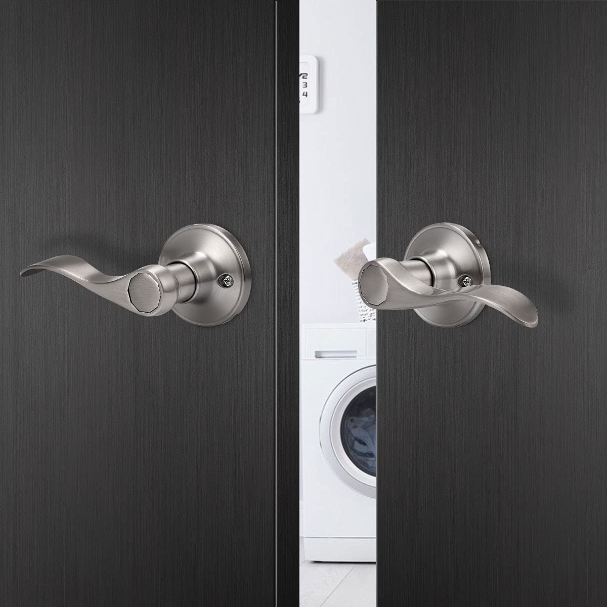 2 Pack Satin Nickel Dummy Wave Door Levers, No-Turning Interior Door Handles, 1 Left-Handed and 1 Right-Handed Door