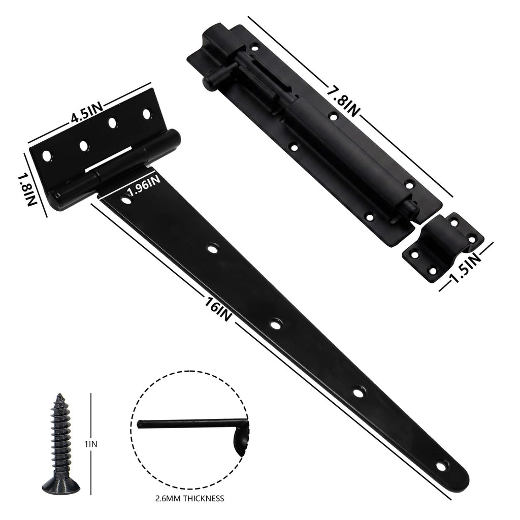 16 Inch Heavy Duty Gate Hinges Slide Bolt Latch Kit 2PCS Barn Door Hardware