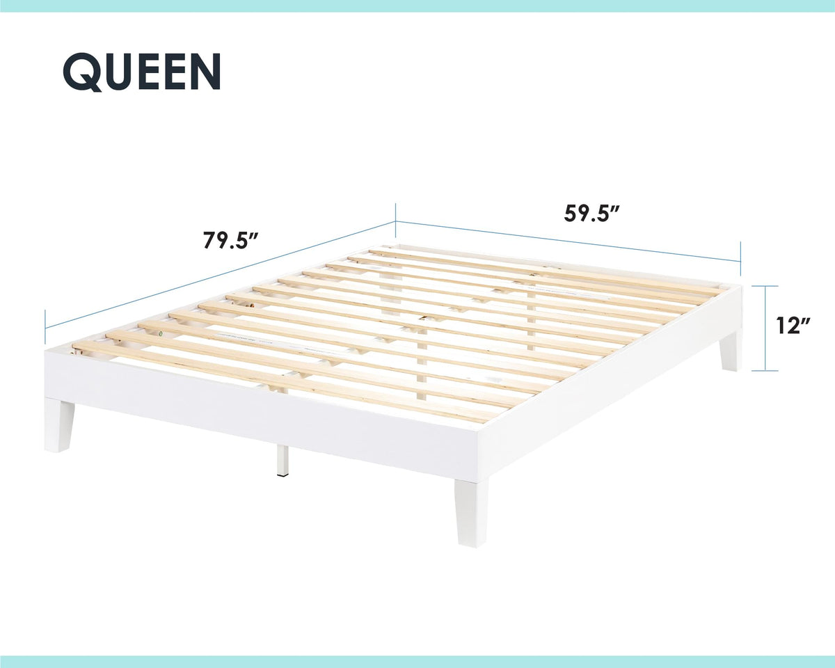 Naturalista Grand 12 Inch Solid Wood Platform Bed with Wooden Slats, Easy Assembly, Queen, White