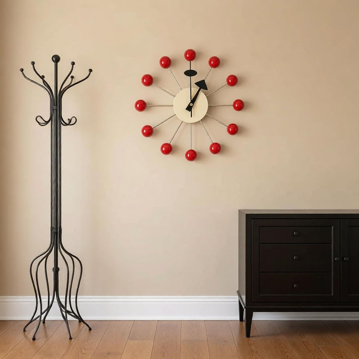 Inspired Nelson Style Modern Mid Century Retro Design Solid Wood Wall Ball Clock Red
