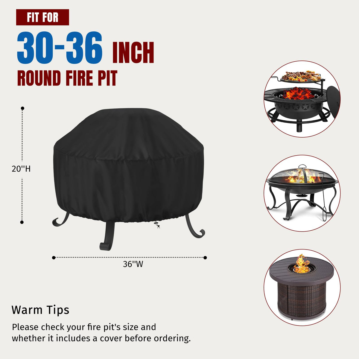 Fire Pit Cover Round 36 In, Outdoor Fire Pit Cover for 30-36 Inches Fire Pits, Windproof Drawstring & Waterproof