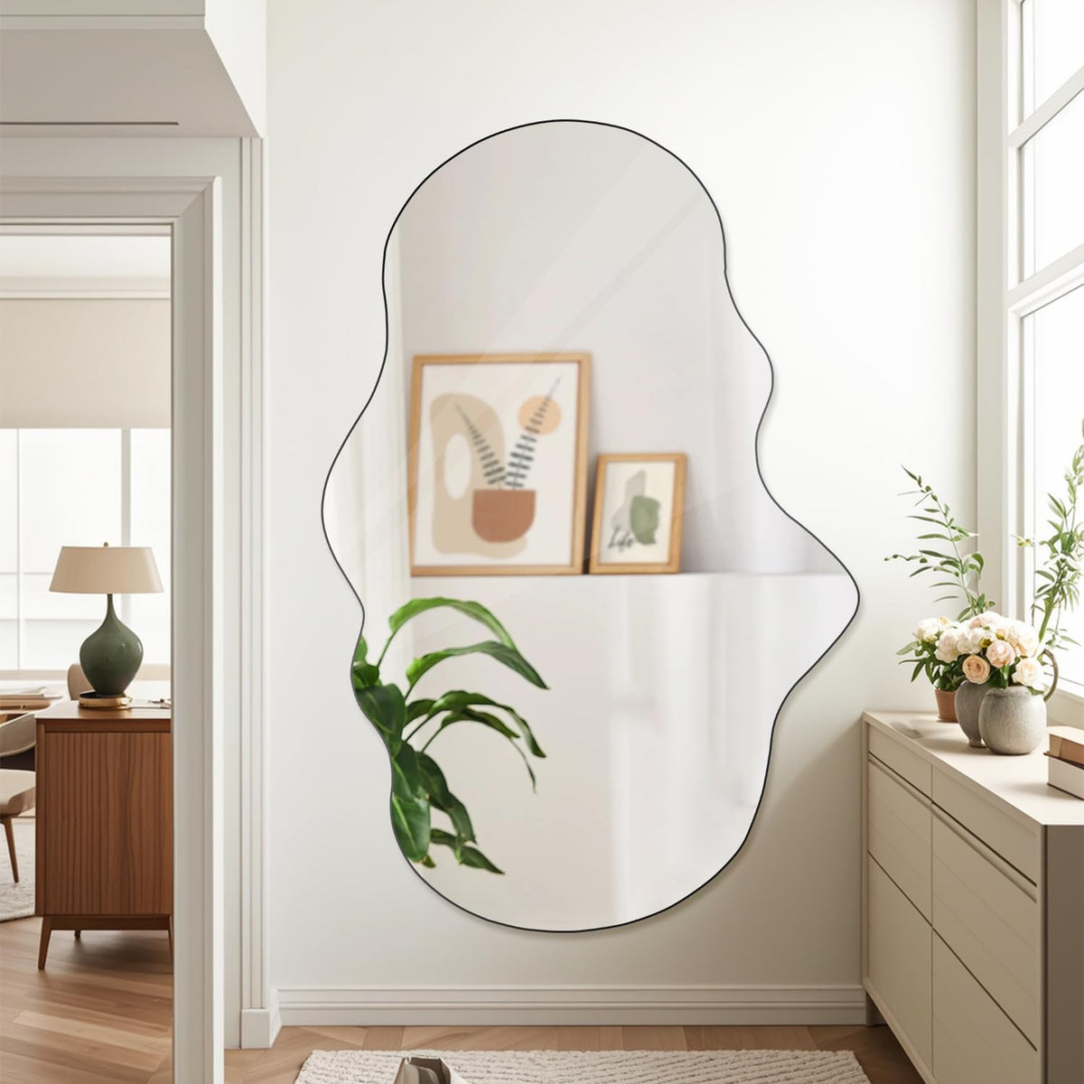 Cloud Shaped Wall Mirror 47x23 Inch - Large Irregular Asymmetrical Mirror Bedroom Bathroom Entryway, Frameless