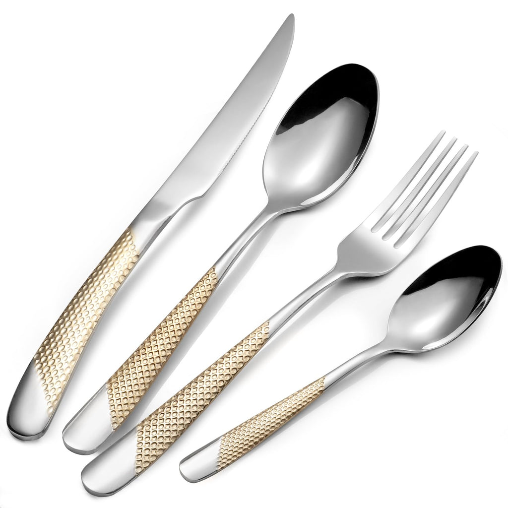 24 Piece Gold Hammered Silverware Set for 6, Premium Food-grade Stainless Steel Flatware Set, Luxury Design & Mirror