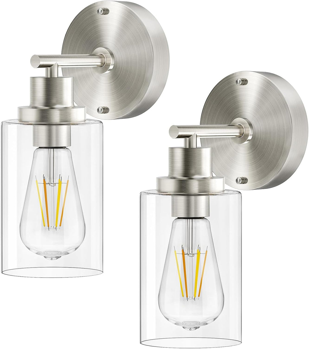 Bathroom Wall Sconces Set of 2, Brushed Nickel Vanity Light Fixtures | E26 Base, LED Indoor Wall Mount Lamp