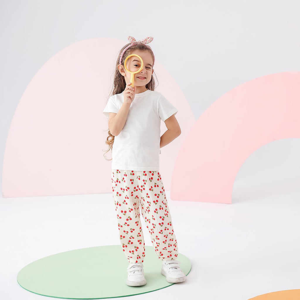 Toddler Baby Girls 3 Pack Elastic Waist Pants Soft Cotton Linen Harem Bloomers Summer Fall Long Pants,Flowers