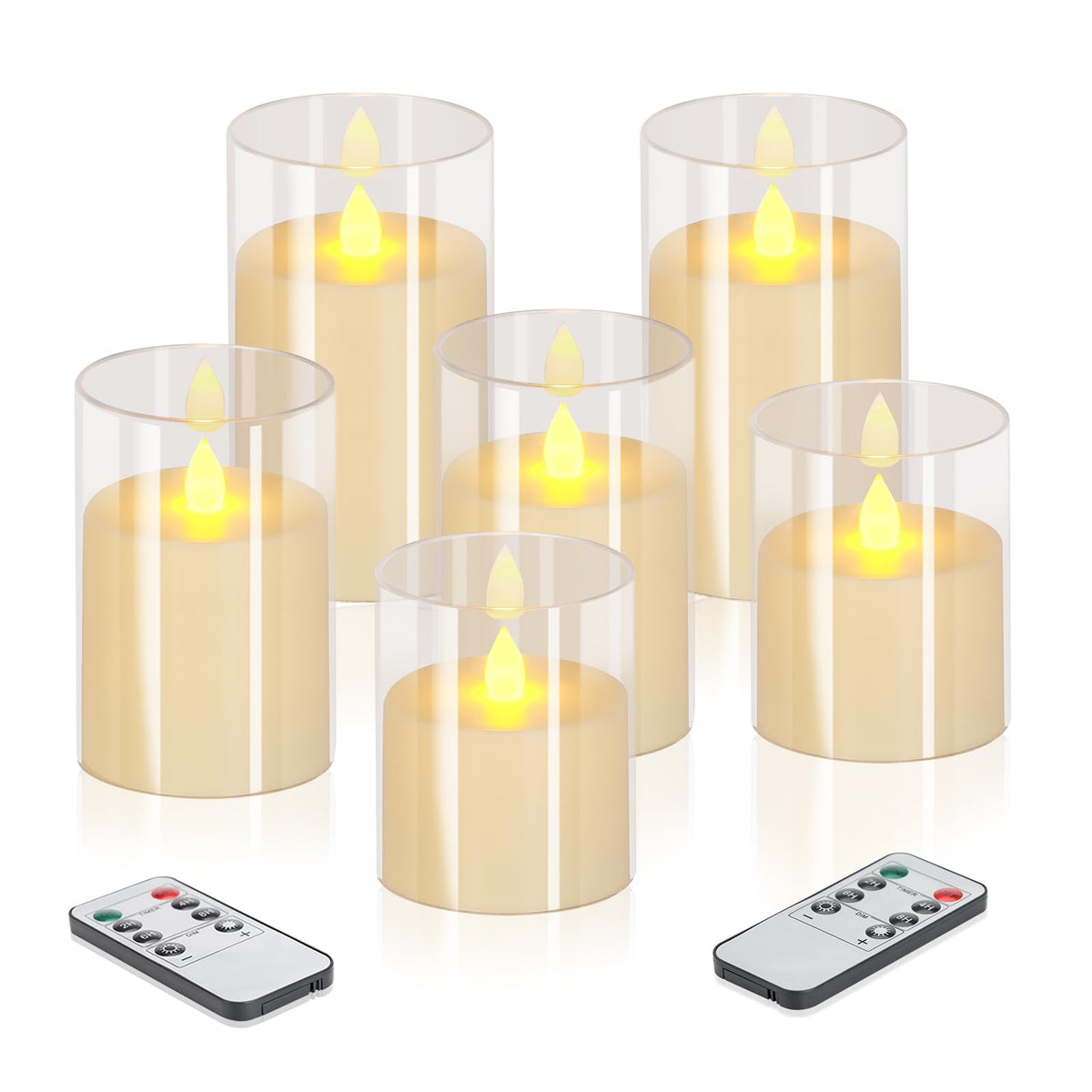Flameless Candles 4" 5" 6" Acrylic Glass Pillars 3" Diameter Battery Operated Flickering Candles Include 8-Key Remote
