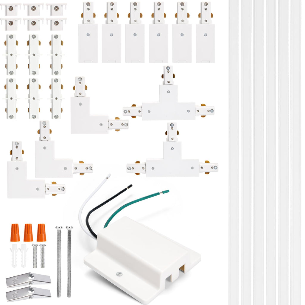 H Track Lighting Rails Kit - 20ft White Track Light Tracks 3 Wire with Floating Canopy Connector, I and L Connectors