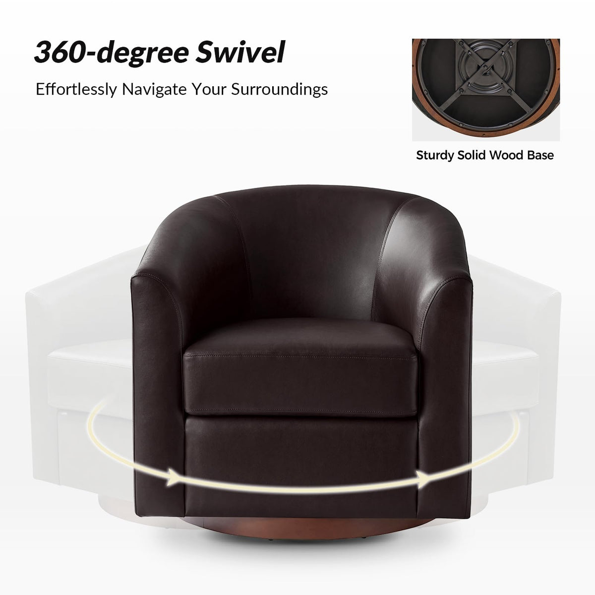 Faux Leather Swivel Accent Chairs Set of 2 with Solid Wood Base, Round Swivel Barrel Chairs, No Assembly Required