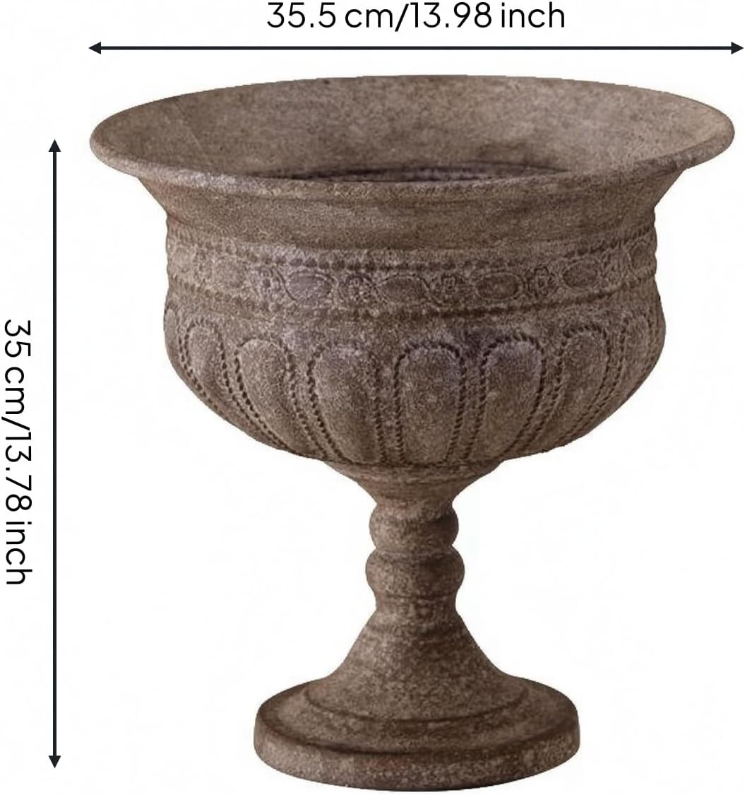 Outdoor Trophy Vase Traditional Urn Planter Pedestal Flower Pot with Textured Surface Iron Construction Wide Opening