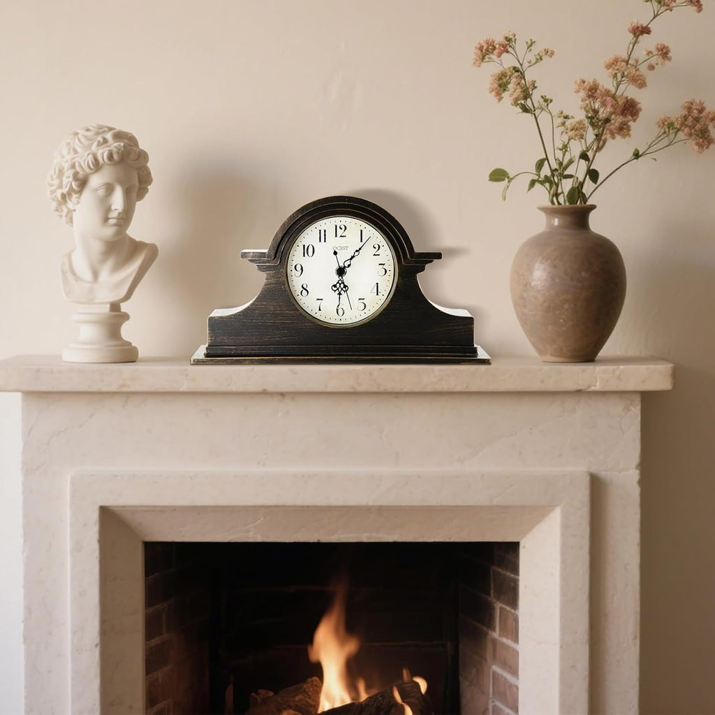 Vintage Farmhouse Mantel Clock - 13 x 7 Inch Quartz Gilt Finish Battery Operated