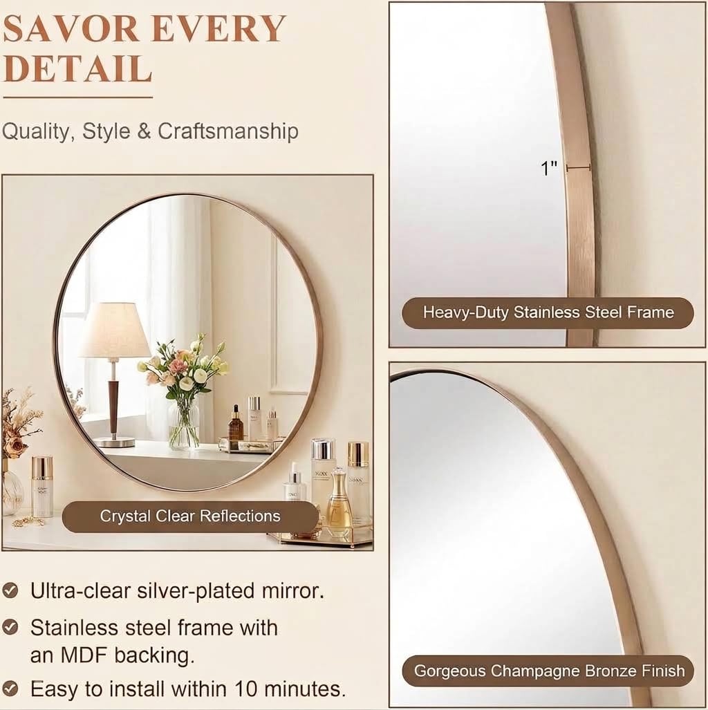 36 Inch Round Mirror, Champagne Bronze Circle Mirror for Wall