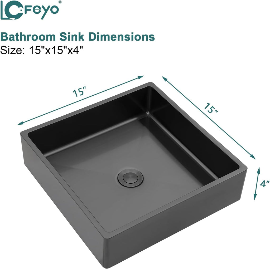 15 Inch Black Bathroom Vessel Sink, 15"x15" Black Vessel Sink Stainless Steel Above Counter Bathroom Sink 16 Gauge